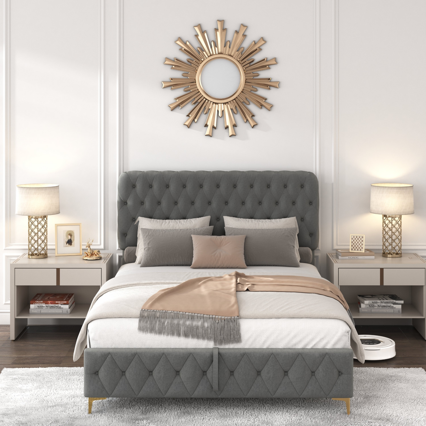 Full Velvet Upholstered Bed with Deep Tufted Buttons, Lift up storage, Gray