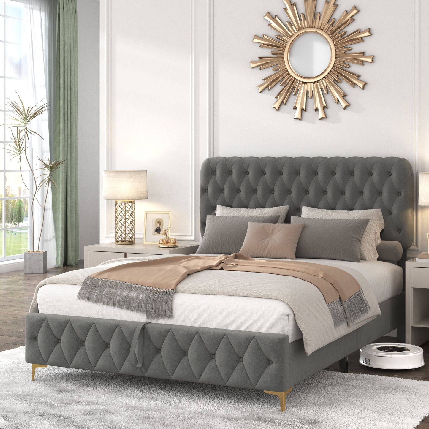 Full Velvet Upholstered Bed with Deep Tufted Buttons, Lift up storage, Gray