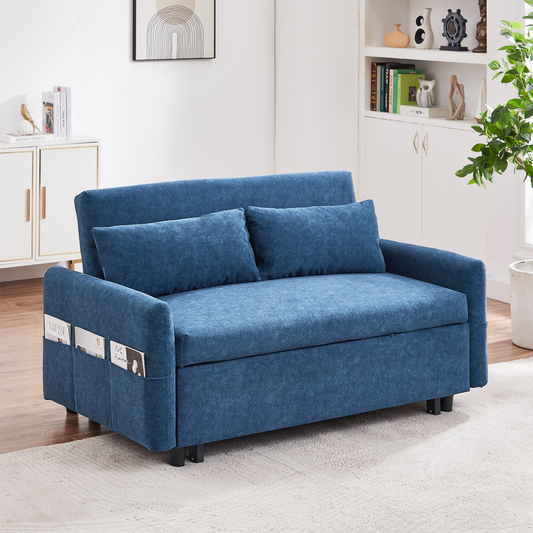 55.1" Pull Out Sleep Sofa Bed Loveseats Sofa Couch with Adjsutable Backrest, Storage Pockets, 2 Soft Pillows, USB Ports for Living Room, Bedroom, Apartment, Office, Blue