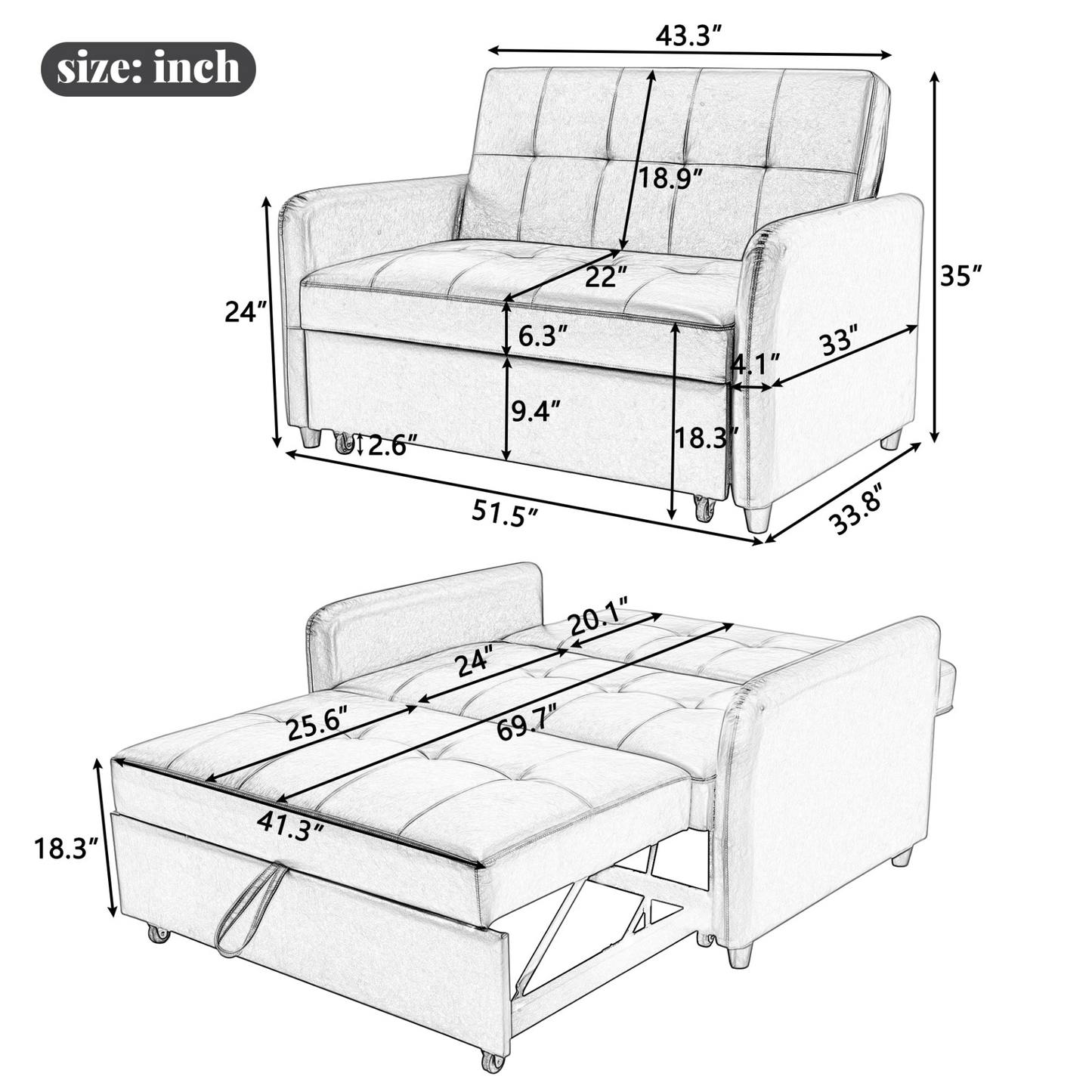 51" Convertible Sleeper Bed with Dual USB Ports