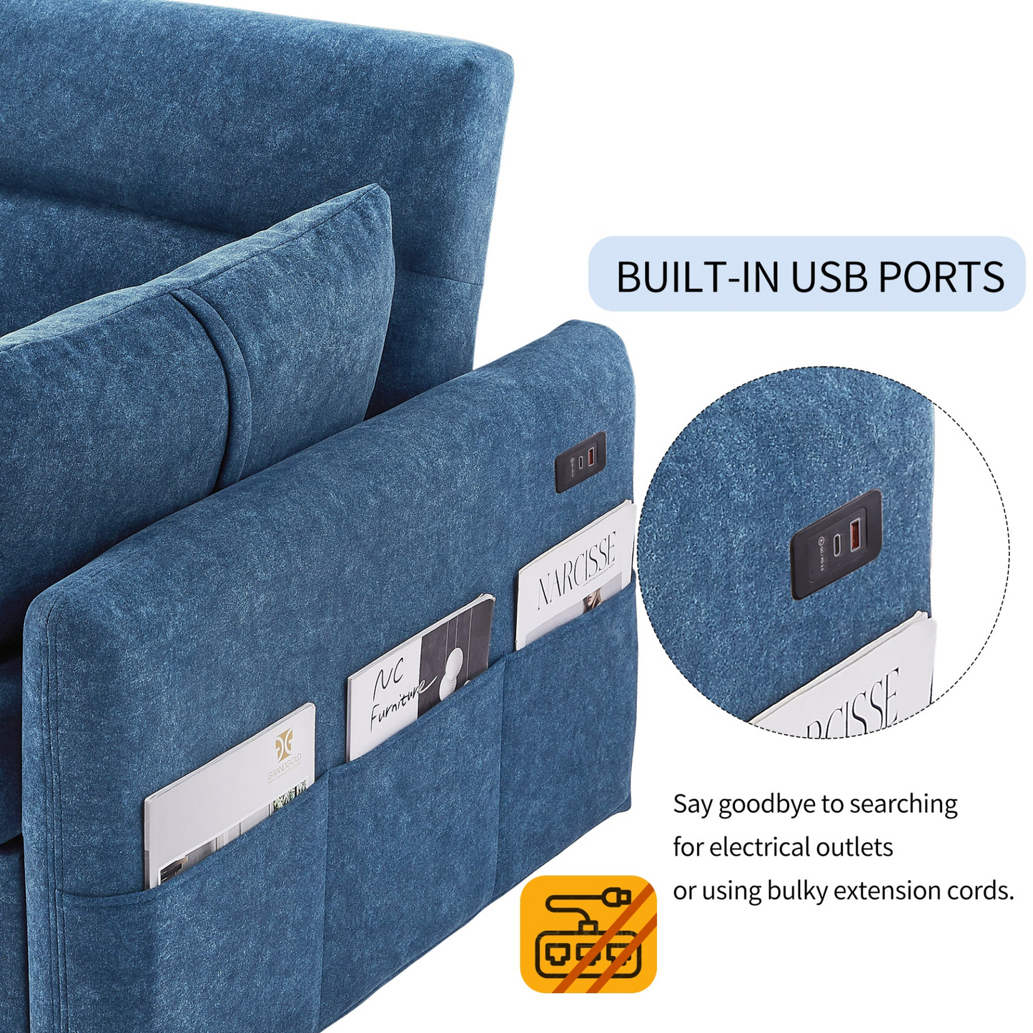 55.1" Pull Out Sleep Sofa Bed Loveseats Sofa Couch with Adjsutable Backrest, Storage Pockets, 2 Soft Pillows, USB Ports for Living Room, Bedroom, Apartment, Office, Blue