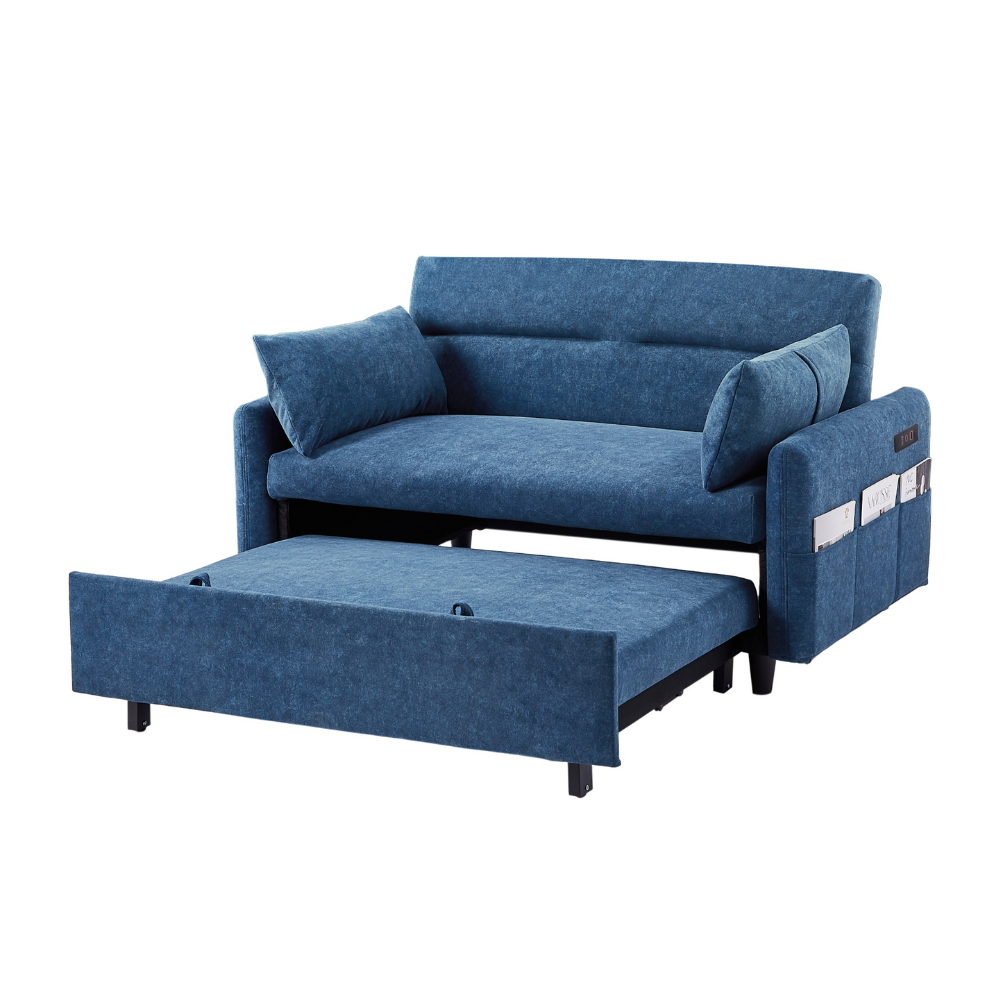 55.1" Pull Out Sleep Sofa Bed Loveseats Sofa Couch with Adjsutable Backrest, Storage Pockets, 2 Soft Pillows, USB Ports for Living Room, Bedroom, Apartment, Office, Blue