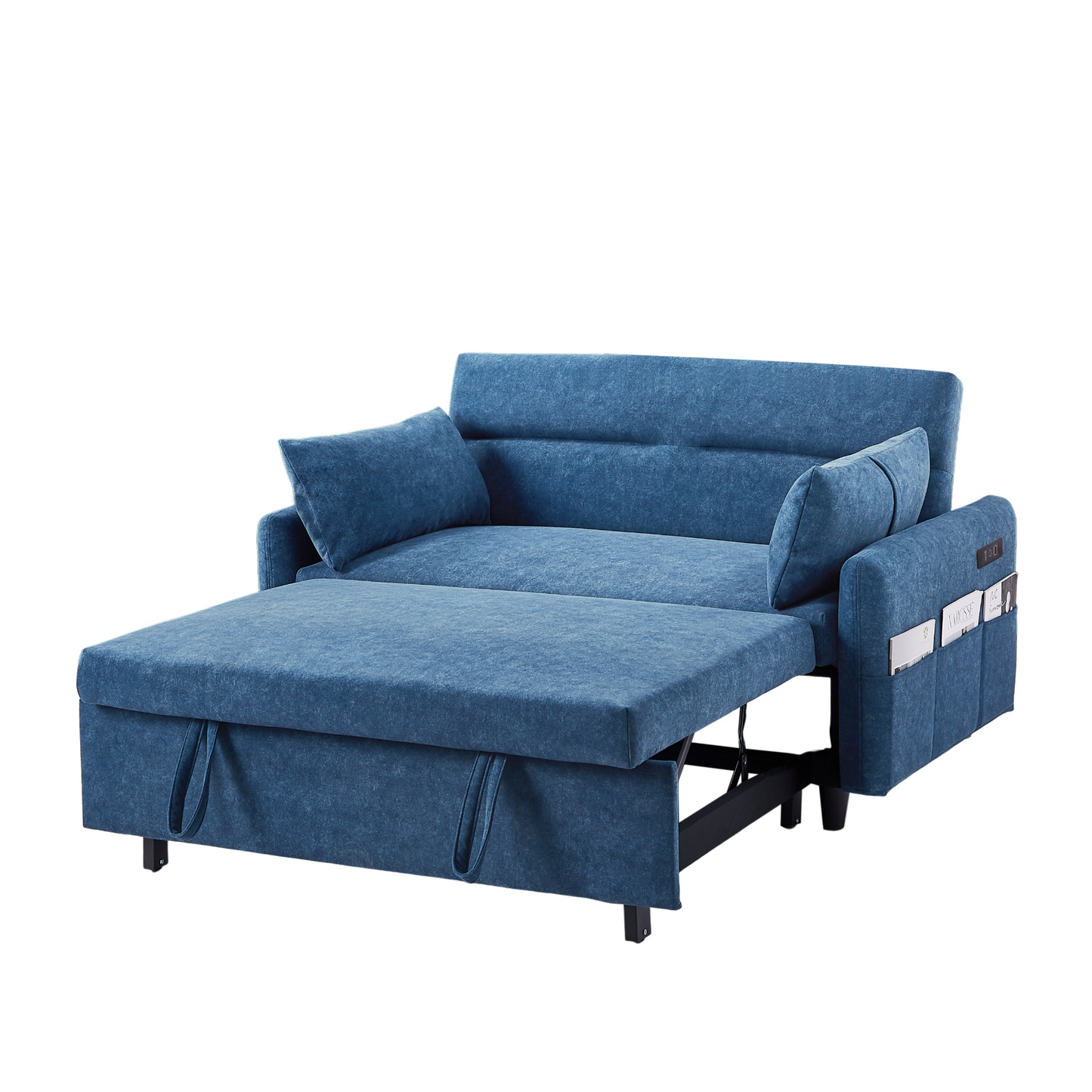 55.1" Pull Out Sleep Sofa Bed Loveseats Sofa Couch with Adjsutable Backrest, Storage Pockets, 2 Soft Pillows, USB Ports for Living Room, Bedroom, Apartment, Office, Blue