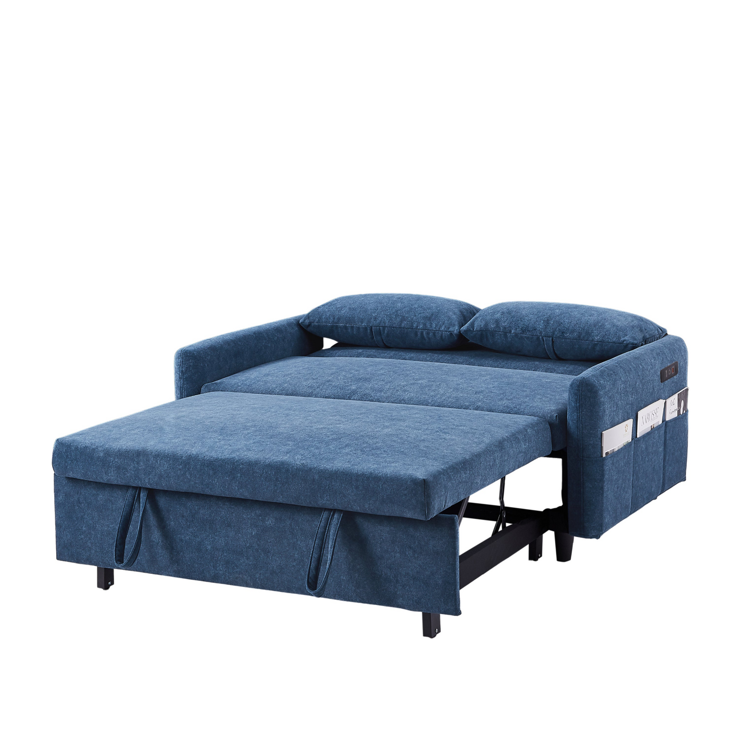 55.1" Pull Out Sleep Sofa Bed Loveseats Sofa Couch with Adjsutable Backrest, Storage Pockets, 2 Soft Pillows, USB Ports for Living Room, Bedroom, Apartment, Office, Blue