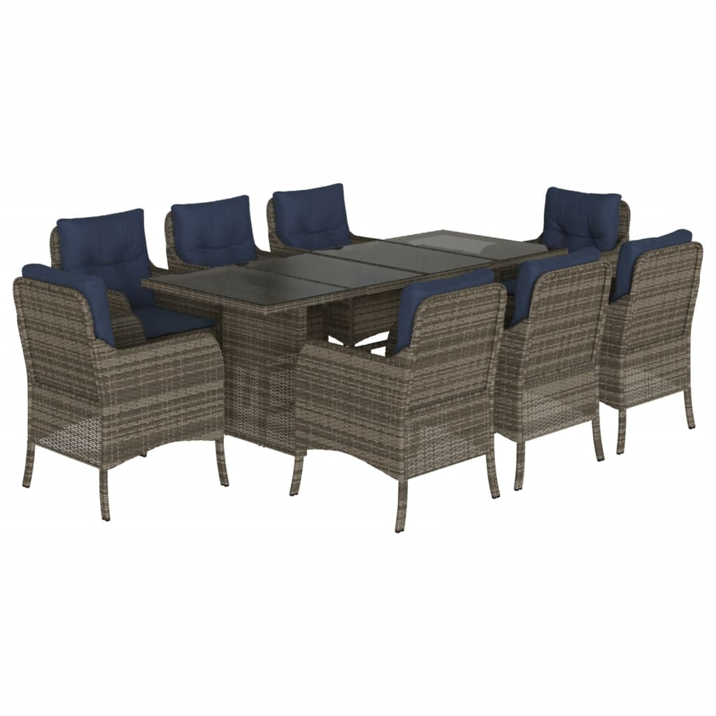 vidaXL 9 Piece Patio Dining Set with Cushions Gray Poly Rattan