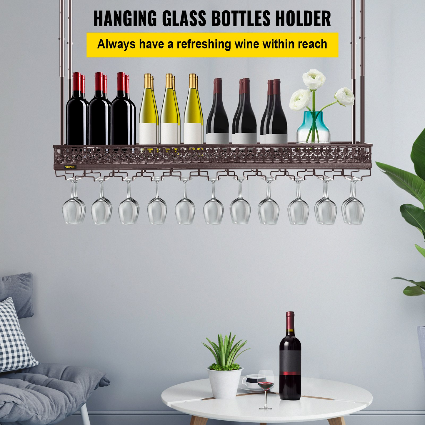 Ceiling Wine Glass Rack, 46.9 x 13 inch Hanging Wine Glass Rack, 18.9-35.8 inch Height Adjustable Hanging Wine Rack Cabinet, Coppery Wall-Mounted Wine Glass Rack Perfect for Bar Cafe Kitchen