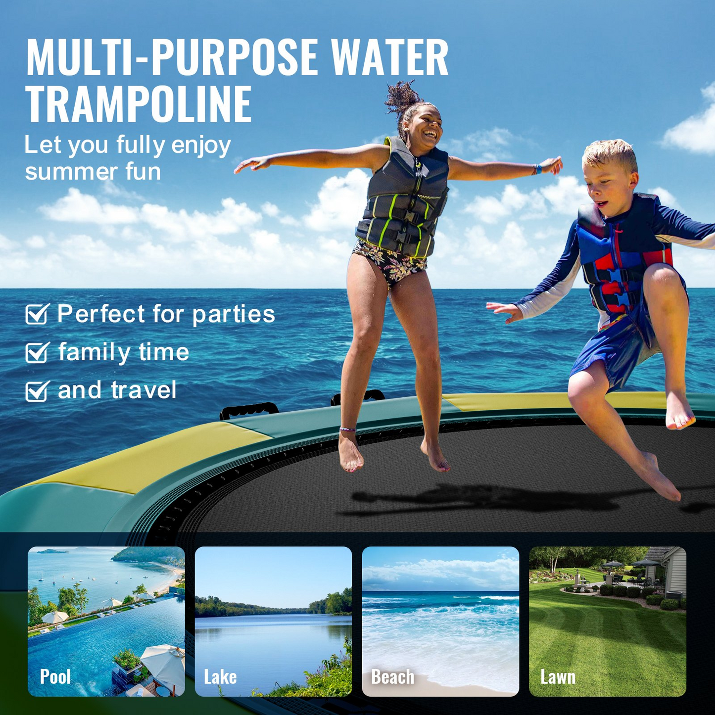 VEVOR Inflatable Water Bouncer, 13ft Recreational Water Trampoline, Portable Bounce Swim Platform with 3-Step Ladder & Electric Air Pump, Kids Adults Floating Rebounder for Pool, Lake, Water Sports