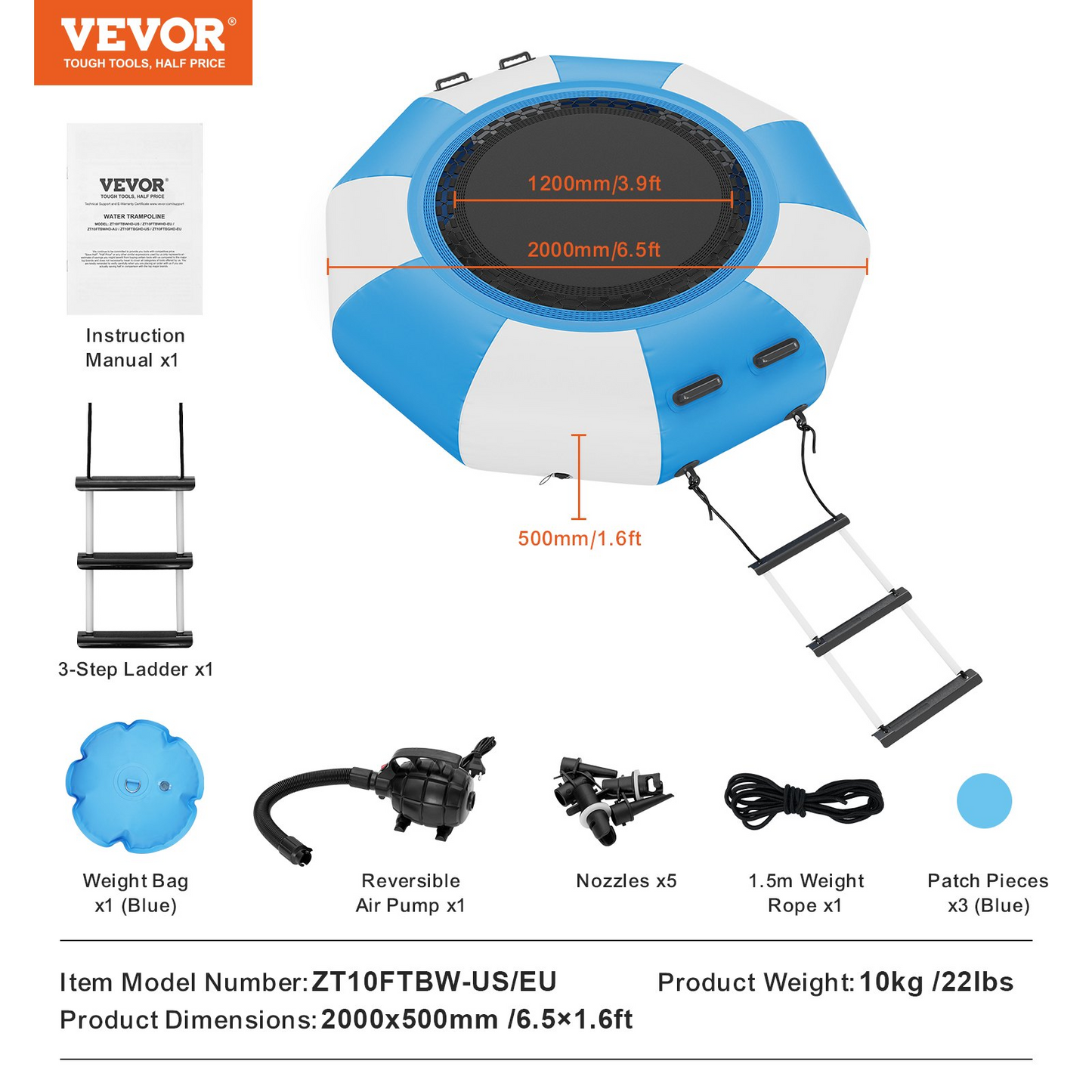 VEVOR Inflatable Water Bouncer, 6.5ft Recreational Water Trampoline, Portable Bounce Swim Platform with 3-Step Ladder & Electric Air Pump, Kids Adults Floating Rebounder for Pool, Lake, Water Sports