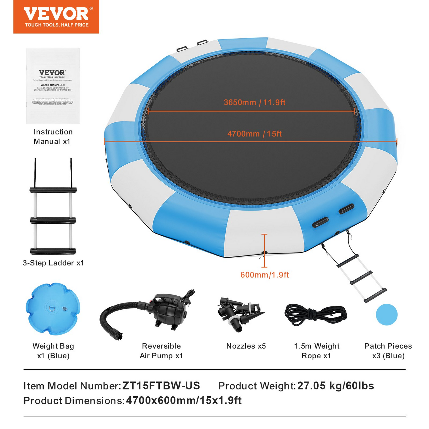 VEVOR Inflatable Water Bouncer, 15ft Recreational Water Trampoline, Portable Bounce Swim Platform with 3-Step Ladder & Electric Air Pump, Kids Adults Floating Rebounder for Pool, Lake, Water Sports