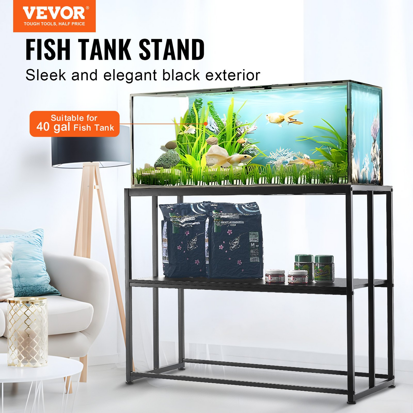 VEVOR Aquarium Stand, 40 Gallon Fish Tank Stand, 36.5 x 18.5 x 29.5 in Steel Turtle Tank Stand, 335 lbs Load Capacity, Reptile Tank Stand with Storage, Hardware Kit, and Non-slip Feet, Black