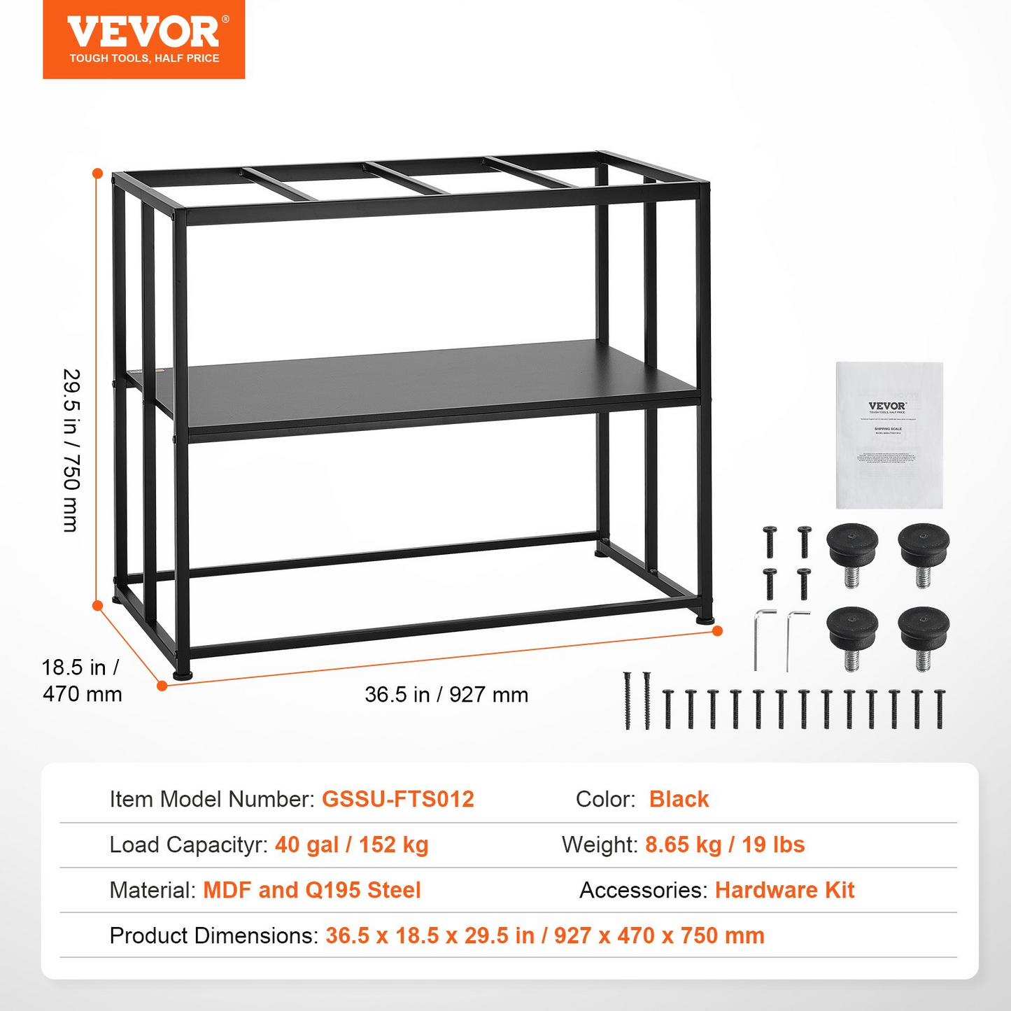 VEVOR Aquarium Stand, 40 Gallon Fish Tank Stand, 36.5 x 18.5 x 29.5 in Steel Turtle Tank Stand, 335 lbs Load Capacity, Reptile Tank Stand with Storage, Hardware Kit, and Non-slip Feet, Black