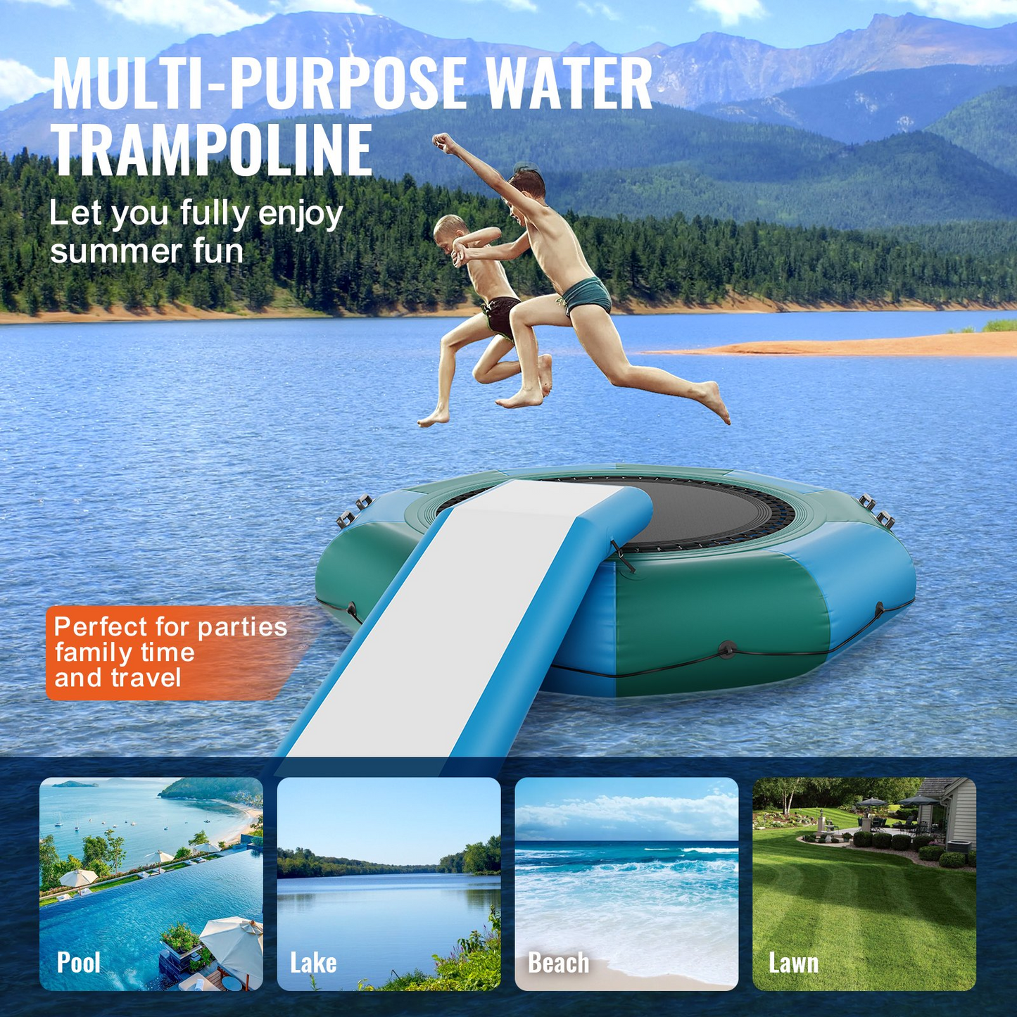 VEVOR Inflatable Water Bouncer, 10ft Recreational Water Trampoline, Portable Bounce Swim Platform with Slide, 3-Step Ladder & Electric Air Pump, Kid Adult Floating Rebounder for Pool Lake Water Sports