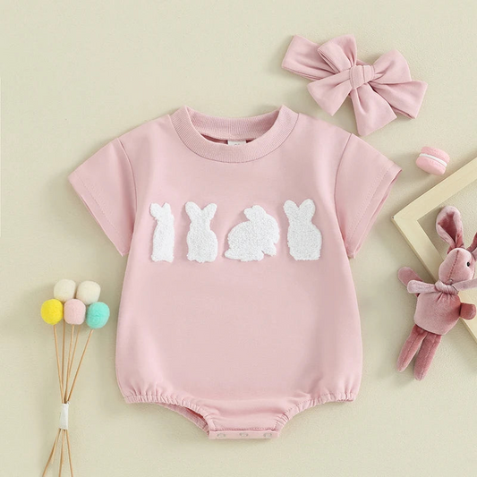 Sweatshirt with Romper Closure with embroidered bunnies and Headband