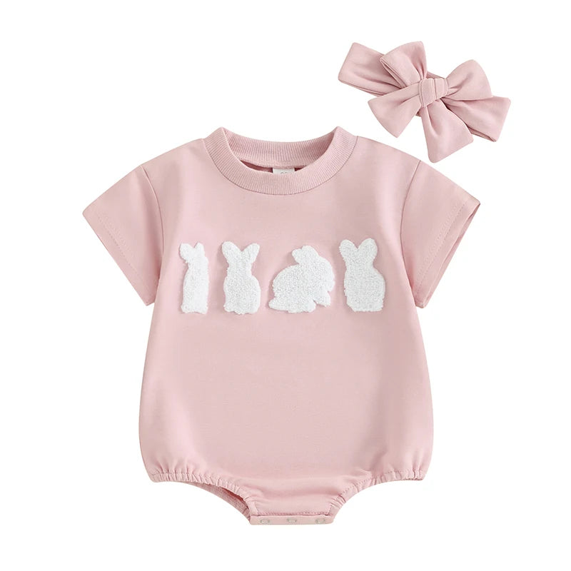 Sweatshirt with Romper Closure with embroidered bunnies and Headband