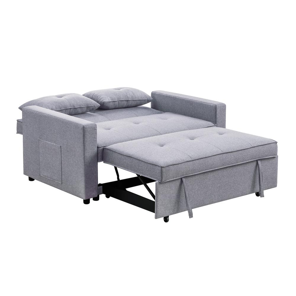 Zoey Light Gray Linen Convertible Sleeper Loveseat with Side Pocket