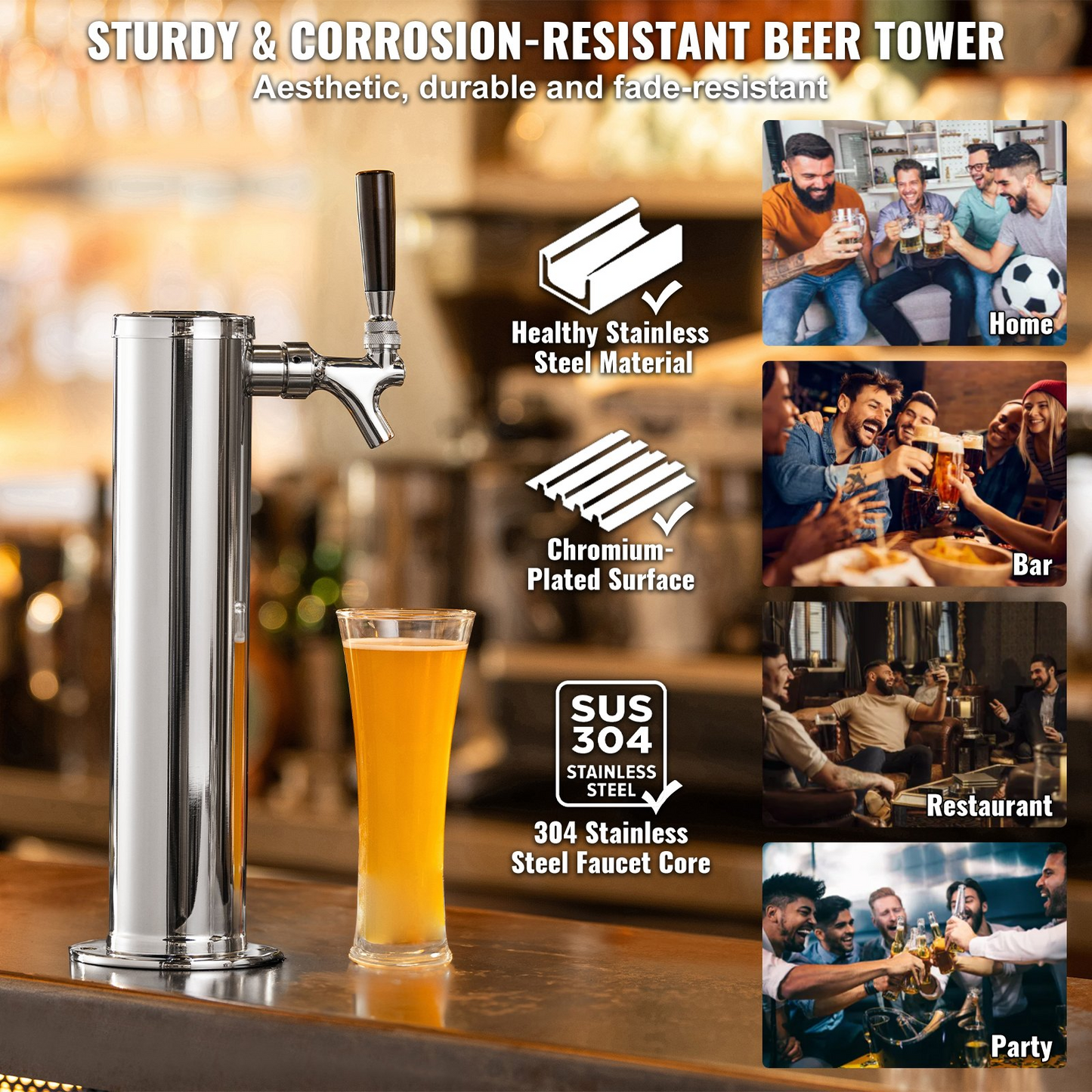 Single Faucet Draft Beer Tower Dispenser, Stainless Steel Keg Beer Tower, Kegerator Tower Kit with Pre-Assembled Tubing and Self-Closing Faucet Shank for Party, Bar, Pub, Restaurant