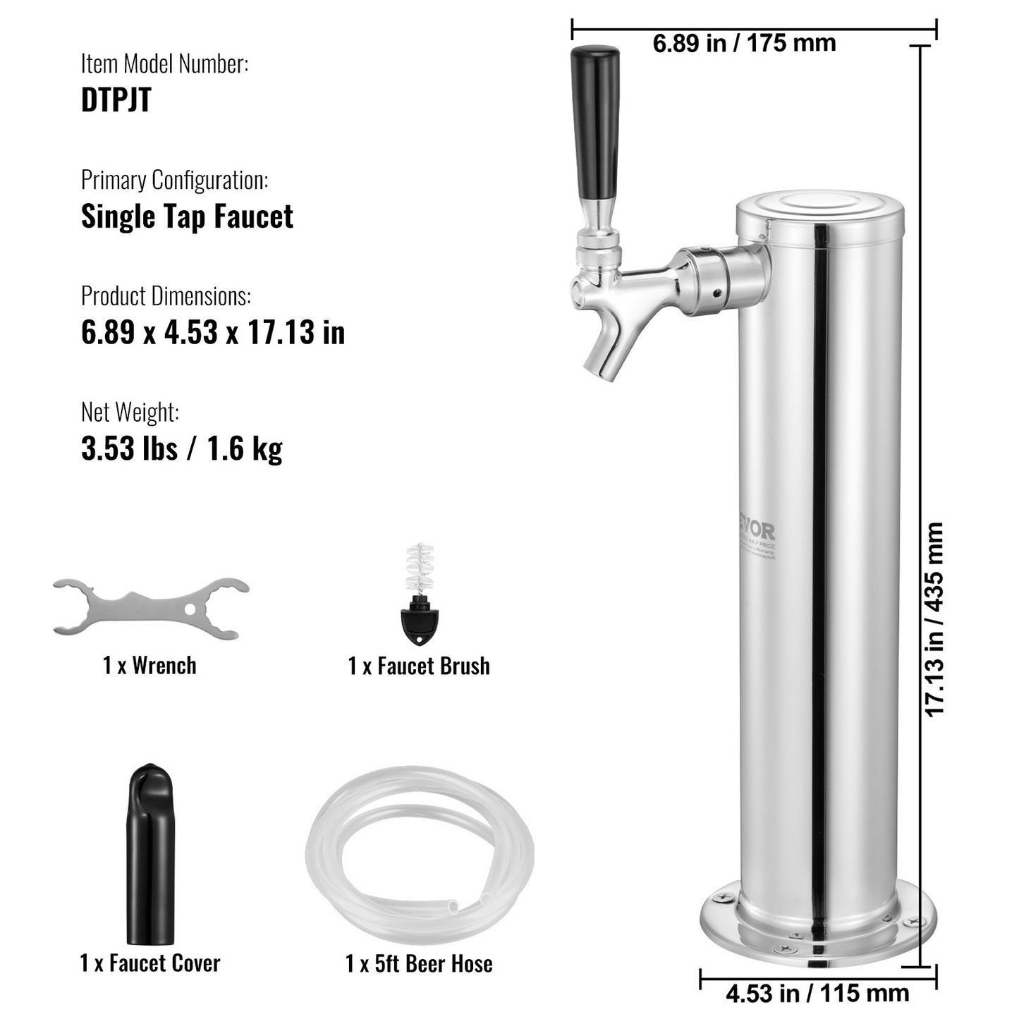 Single Faucet Draft Beer Tower Dispenser, Stainless Steel Keg Beer Tower, Kegerator Tower Kit with Pre-Assembled Tubing and Self-Closing Faucet Shank for Party, Bar, Pub, Restaurant