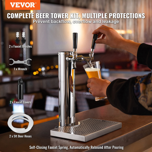 Dual Taps Draft Beer Tower Dispenser, Stainless Steel Keg Beer Tower, Kegerator Tower Kit with Pre-Assembled Tubing and Self-Closing Faucet Shanks for Party, Bar, Pub, Restaurant