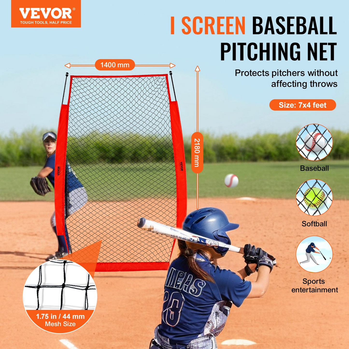 I Screen Baseball for Batting Cage, 7x4 ft Baseball & Softball Safety Screen, Body Protector Portable Batting Screen with Carry Bag & Ground Stakes, Baseball Pitching Net for Pitchers Protection