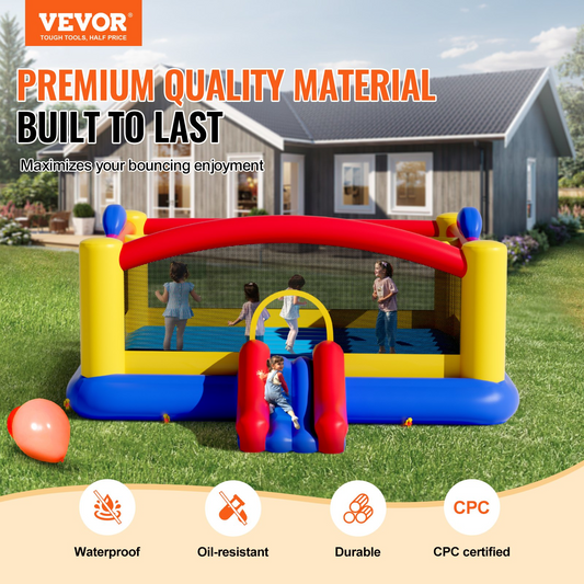 VEVOR Inflatable Bounce House, Outdoor High Quality Playhouse Trampoline, Jumping Bouncer with Blower, Slide, and Storage Bag, Family Backyard Bouncy Castle, for Kid Ages 3–10 Years, 177x173x80 inch