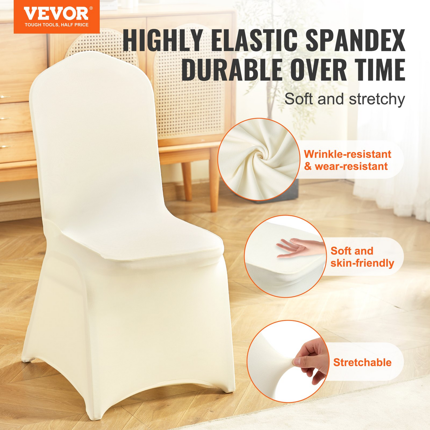 VEVOR 100 PCS Ivory Chair Covers Polyester Spandex Chair Cover Stretch Slipcovers for Wedding Party Dining Banquet Chair Flat-Front Covers