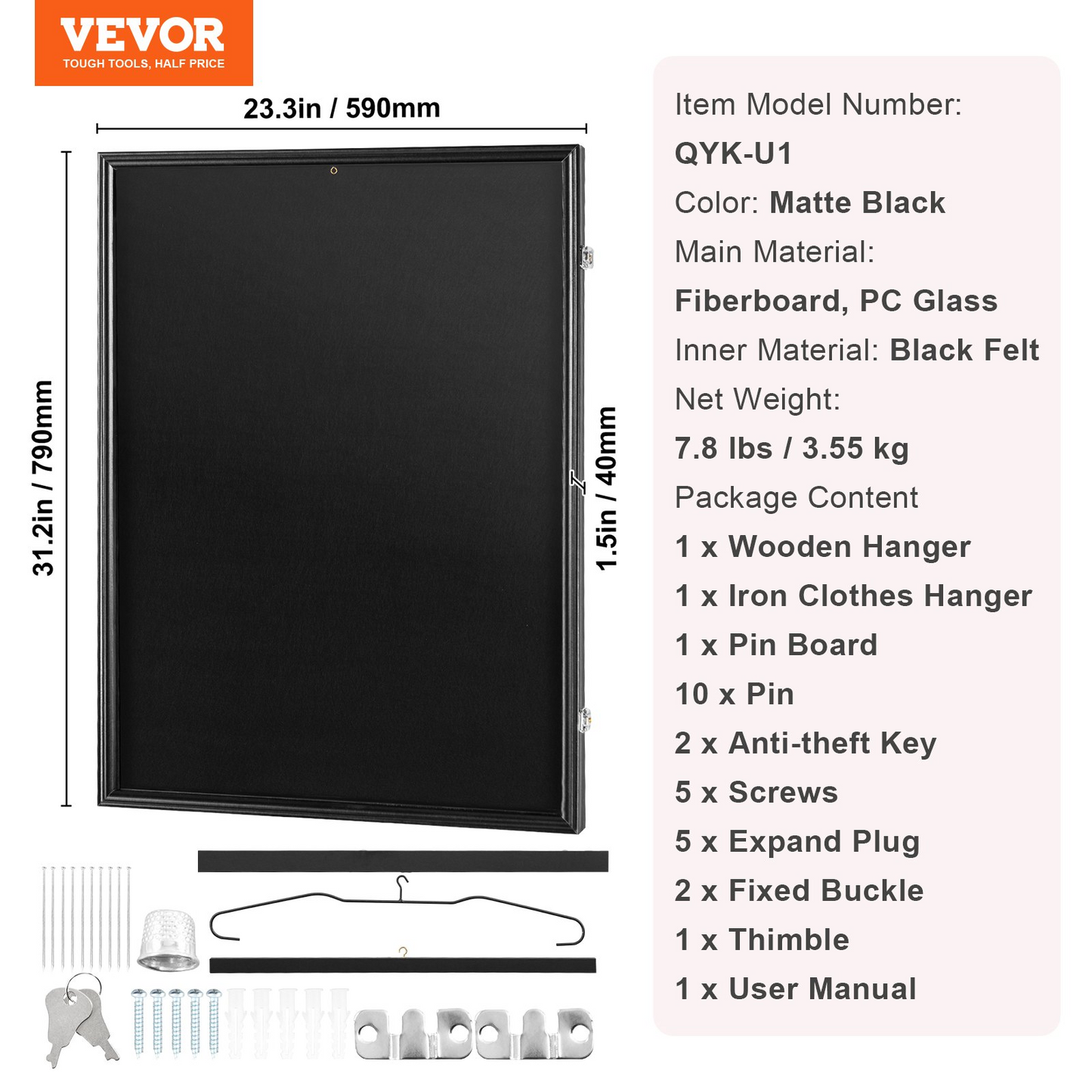 VEVOR Jersey Display Frame Case, 23.3 x 31.2 x 1.5 in, Large Lockable Sport Jersey Shadow Box with 98% UV Protection PC Glass and Hangers, for Baseball Basketball Football Hockey Shirt and Uniform