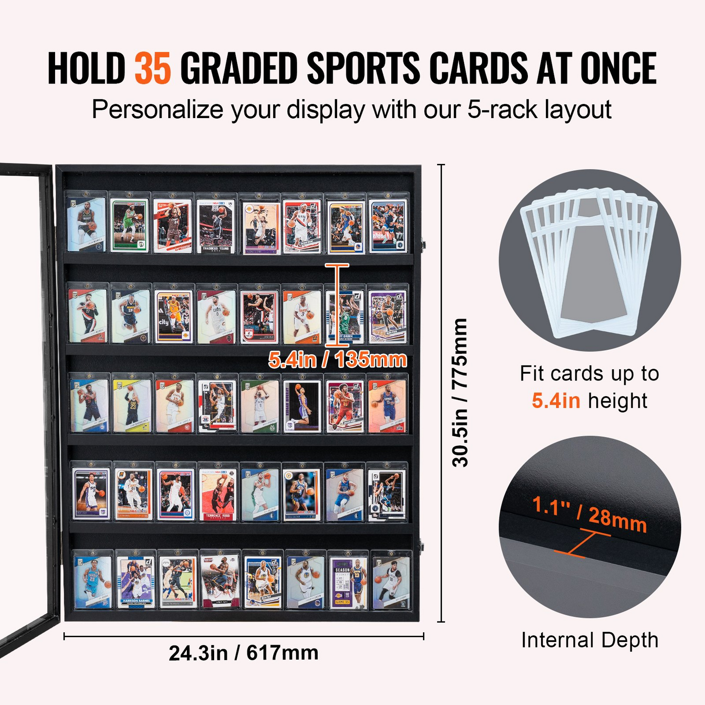 VEVOR 35 Graded Sports Card Display Case, 24.3x30.5x2.1 in, Baseball Card Display Frame with 98% UV Protection Clear View PC Glass, Lockable Wall Cabinet for Football Basketball Hockey Trading Card