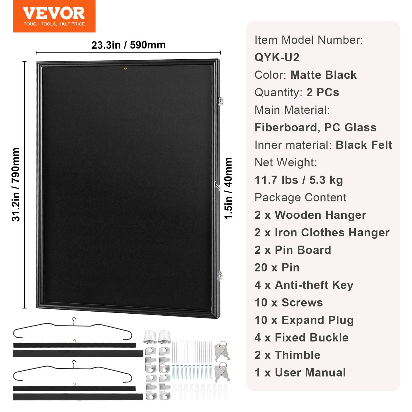 VEVOR 2PCs Jersey Display Frame Case, 23.3x31.2x1.5 in, Large Lockable Sport Jersey Shadow Box with 98% UV Protection PC Glass and Hangers, for Baseball Basketball Football Hockey Shirt and Uniform