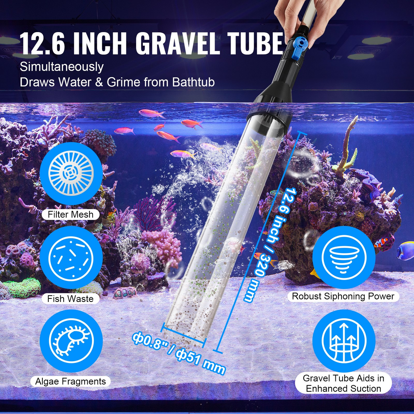 VEVOR Aquarium Vacuum Gravel Cleaner, 50 ft PVC Hose Fish Tank Vacuum Gravel Cleaner, Siphon Fish Tank Cleaner Vacuum, 3 Types of Brass Adapters, for Fish Tank Cleaning Gravel & Sand