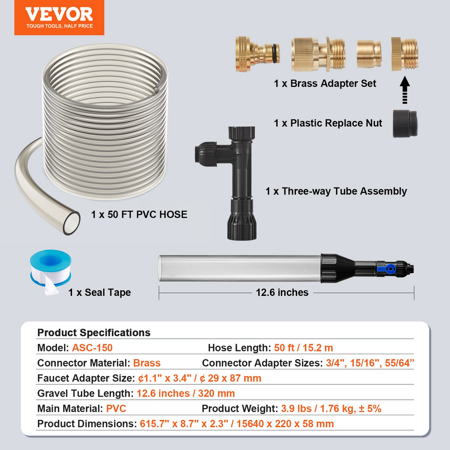 VEVOR Aquarium Vacuum Gravel Cleaner, 50 ft PVC Hose Fish Tank Vacuum Gravel Cleaner, Siphon Fish Tank Cleaner Vacuum, 3 Types of Brass Adapters, for Fish Tank Cleaning Gravel & Sand