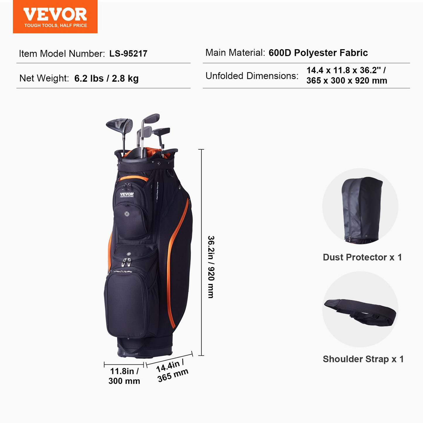 Golf Cart Bag with 14 Way Organizer Divider Top, 36” 13 Pockets Premium Cart Bag, Durable Golf Bags with Handles & Dust Cover & Detachable Straps for Men & Women, Black & Orange