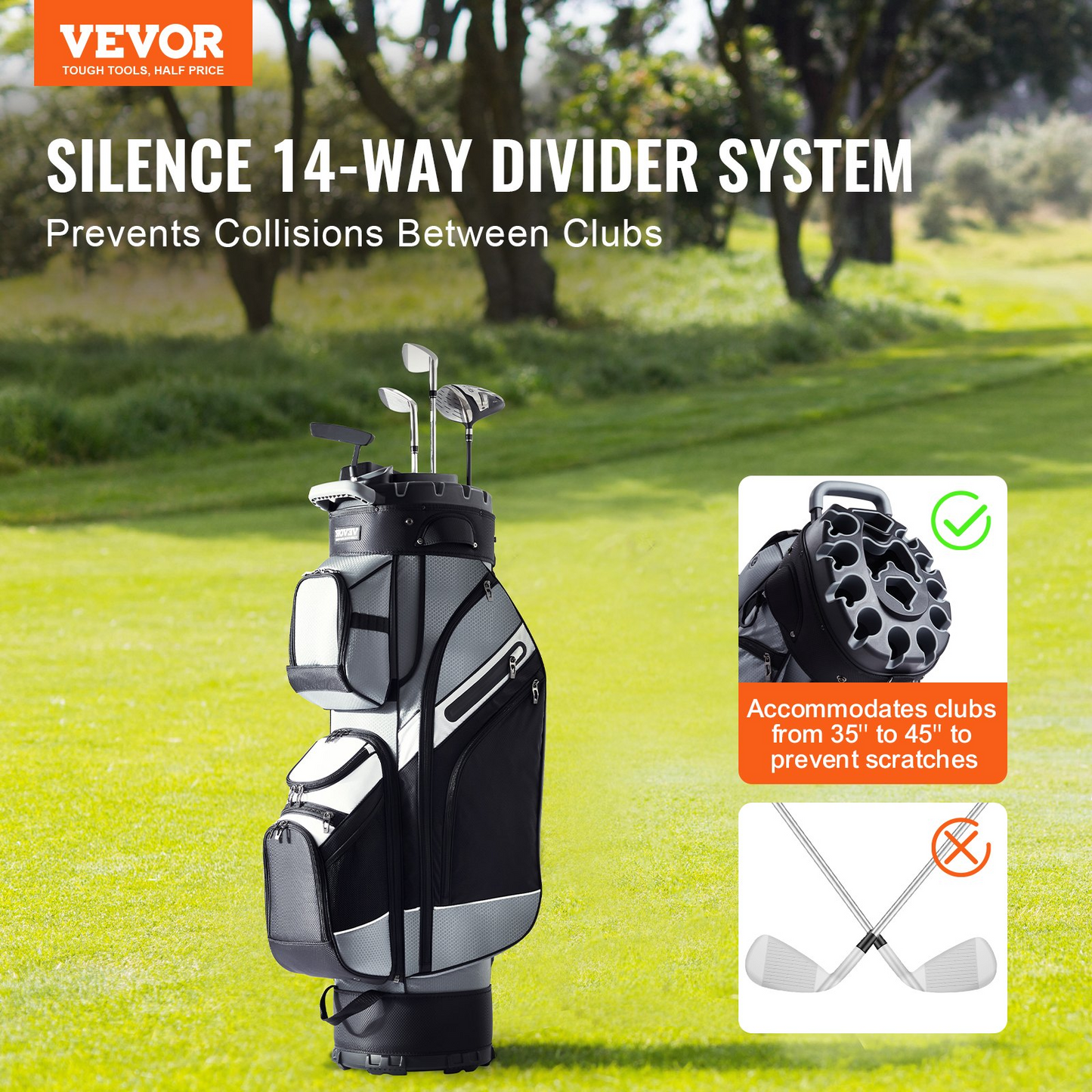 VEVOR Golf Cart Bag with 14 Way Organizer Divider Top, 41” 13 Pockets Premium Nylon Cart Bag, Durable Golf Bags with Handles & Dust Cover & Detachable Straps for Men & Women, Black Color-Block