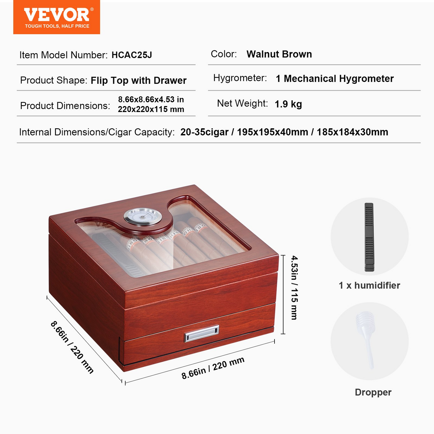 35 Cigar Humidor Glasstop Cedar Cigar Box Humidifier & Hygrometer & Drawer