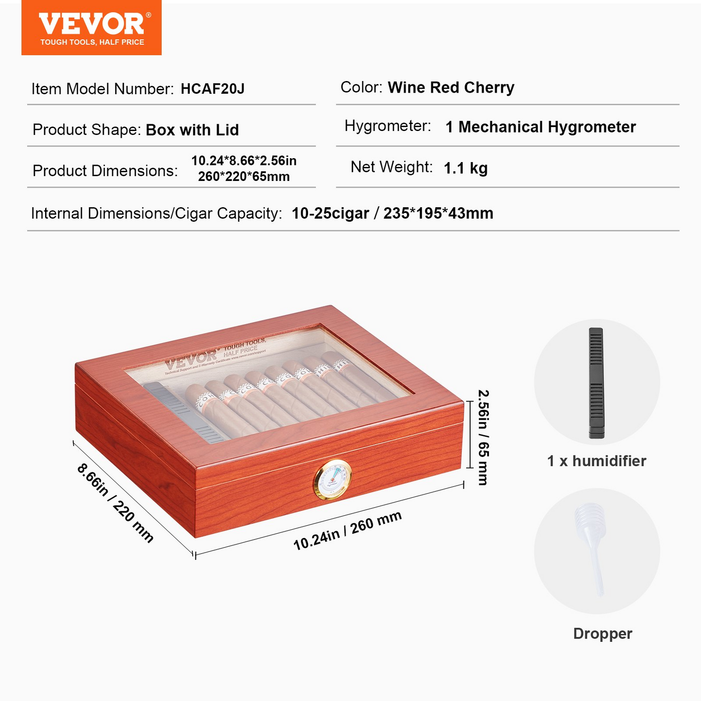 VEVOR 25 Cigars Humidor Glasstop Cedar Cigar Storage Box Humidifier Hygrometer