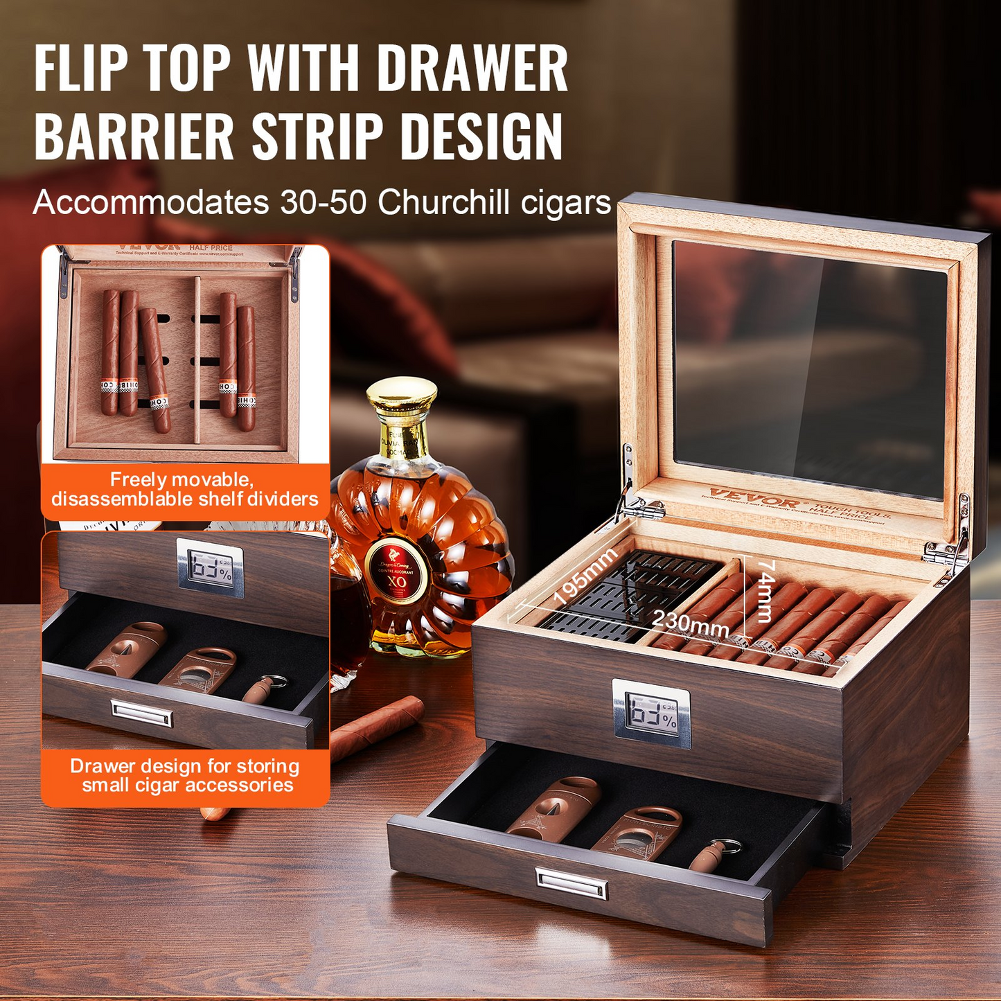 50 Cigar Humidor Glasstop Cedar Cigar Box Humidifier & Hygrometer & Drawer