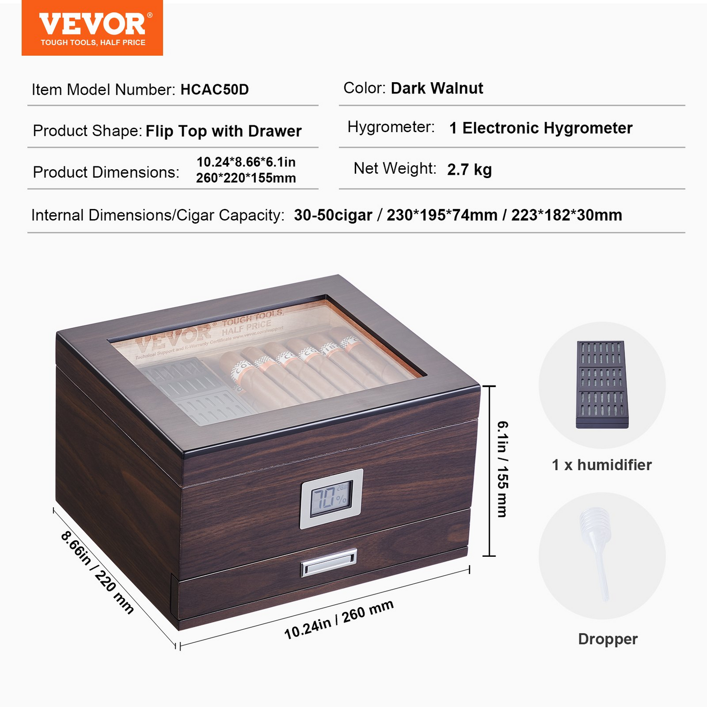 50 Cigar Humidor Glasstop Cedar Cigar Box Humidifier & Hygrometer & Drawer