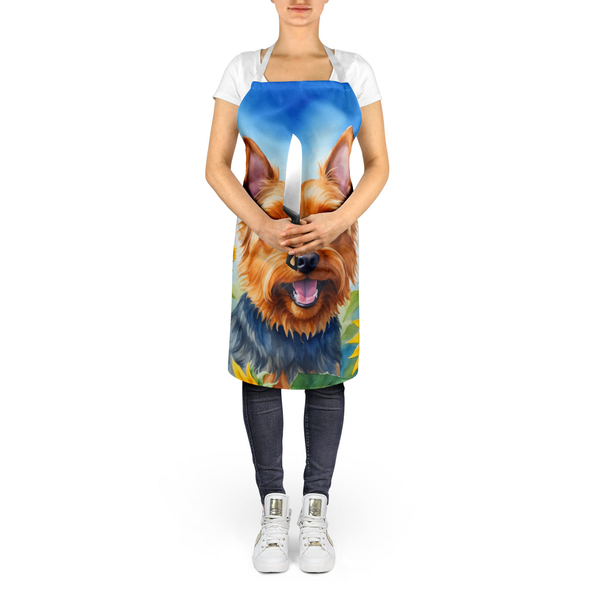 Australian Terrier in Sunflowers Apron