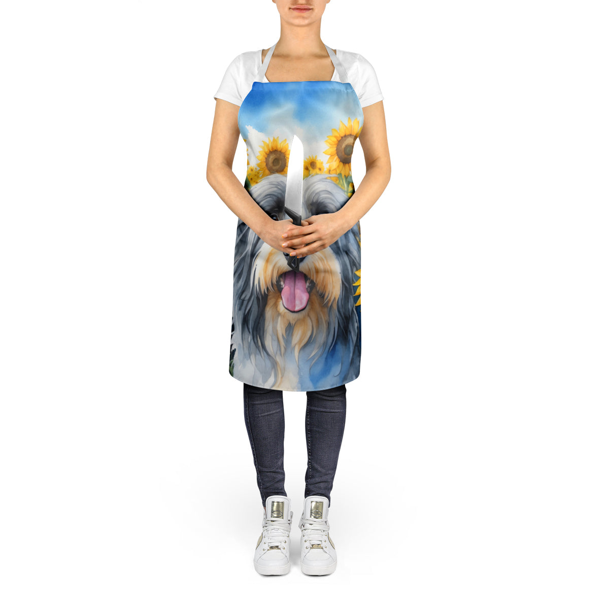 Bearded Collie in Sunflowers Apron