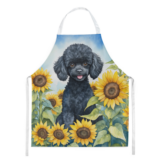 Black Poodle in Sunflowers Apron