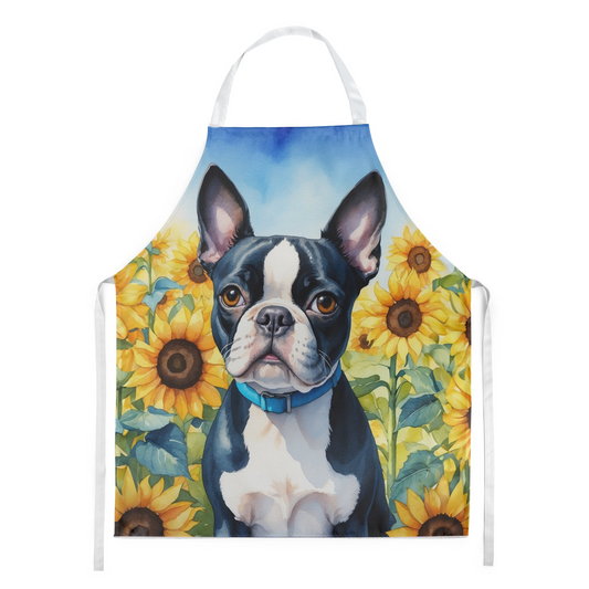 Boston Terrier in Sunflowers Apron