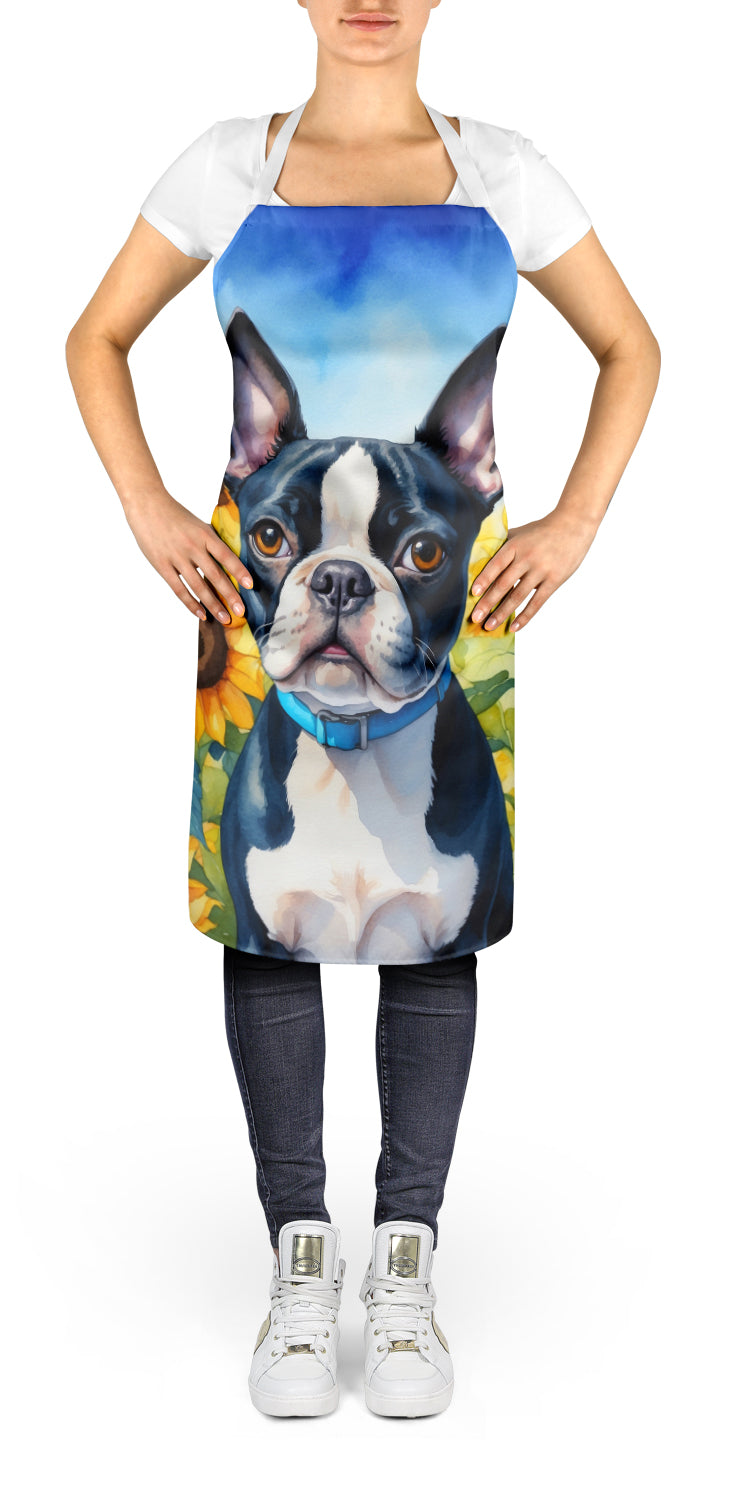 Boston Terrier in Sunflowers Apron