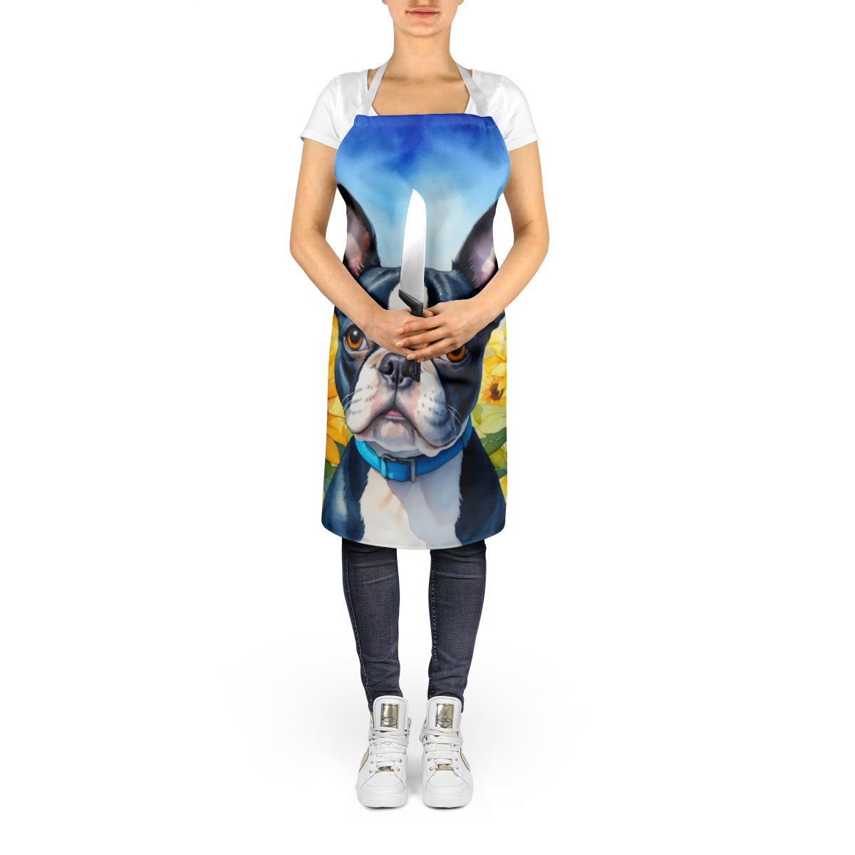 Boston Terrier in Sunflowers Apron