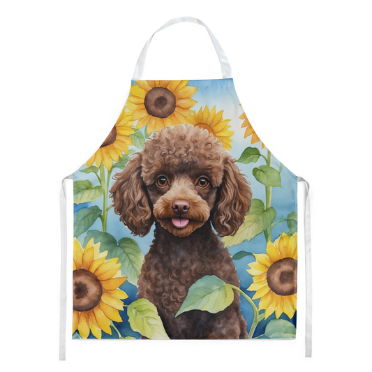 Chocolate Poodle in Sunflowers Apron