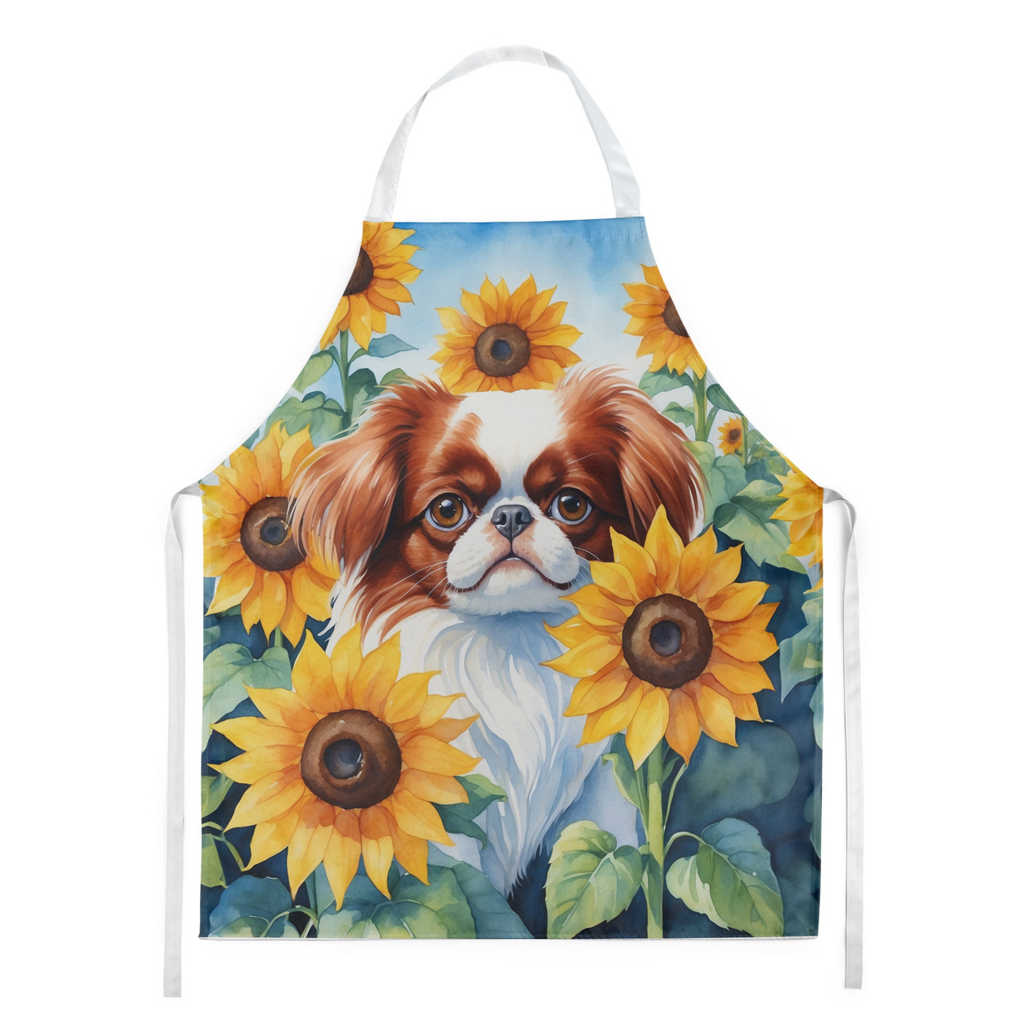 Japanese Chin in Sunflowers Apron