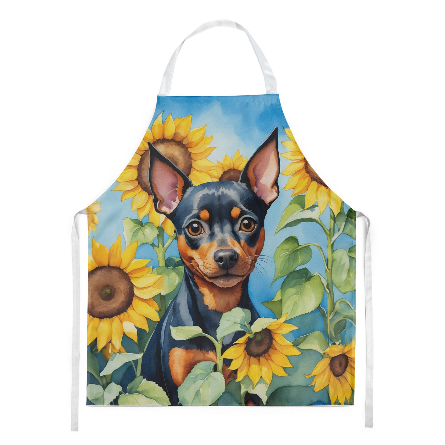 Miniature Pinscher in Sunflowers Apron