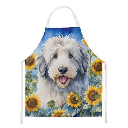 Old English Sheepdog in Sunflowers Apron