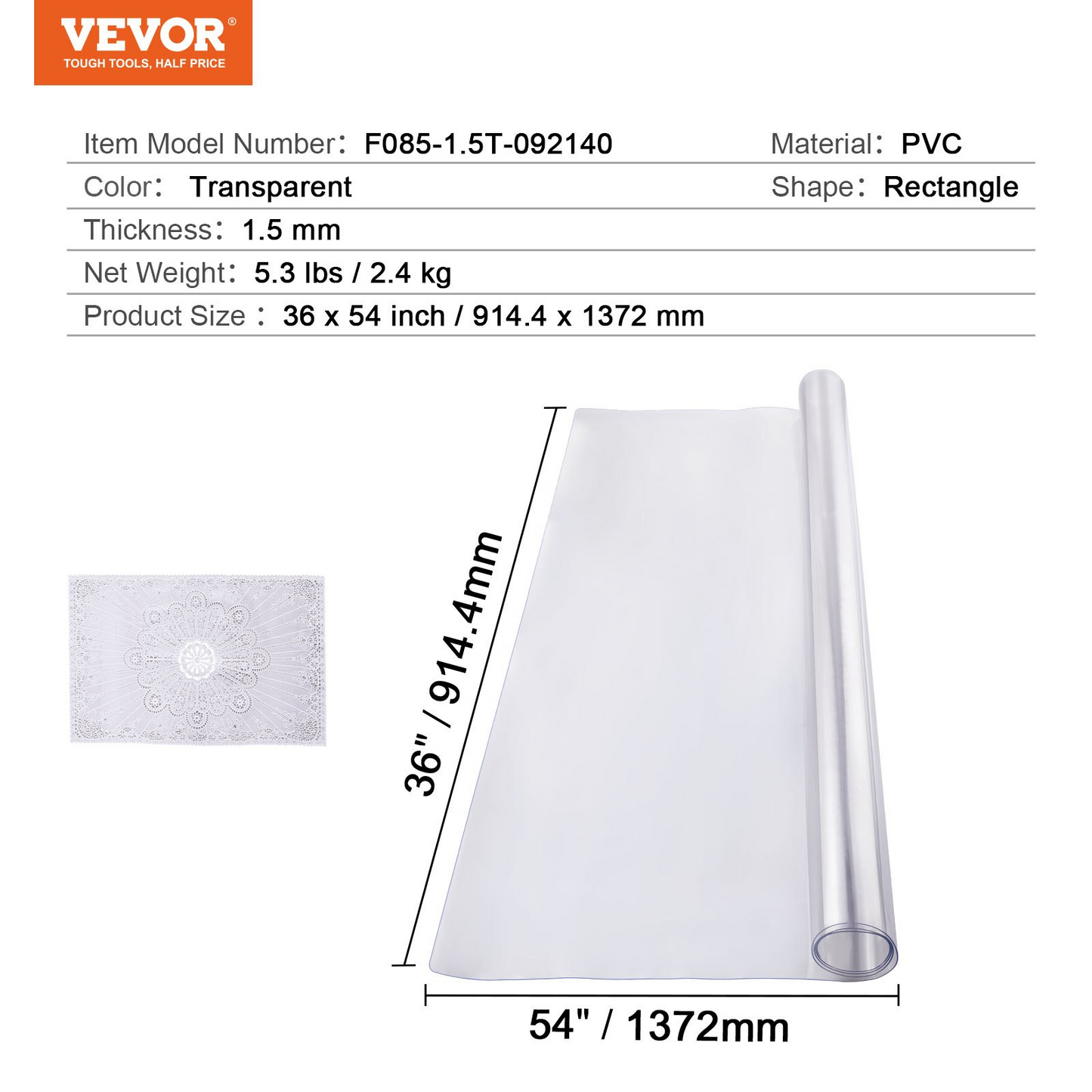 PVC Table Protector 36x54 Inch Clear Plastic Desk Protector 1.5mm Thick