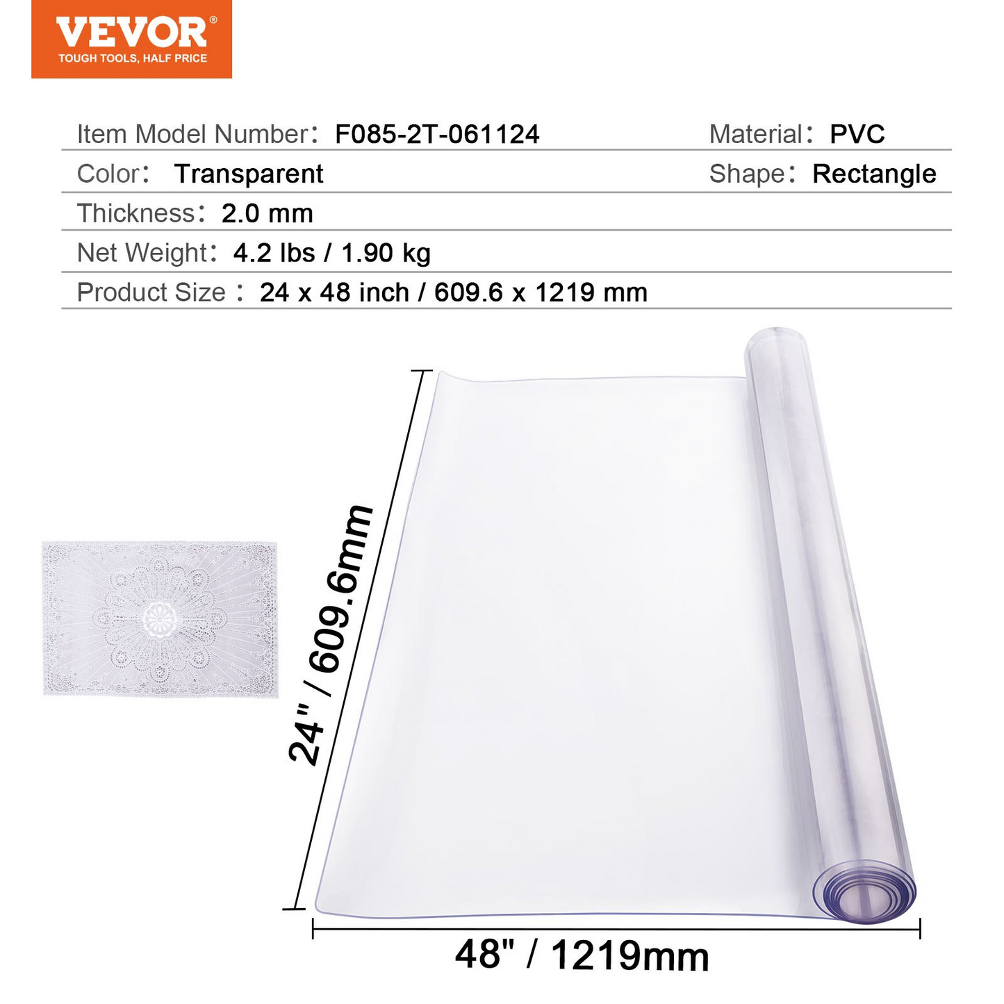 PVC Table Protector 24x48 Inch Clear Plastic Desk Protector 2.0mm Thick