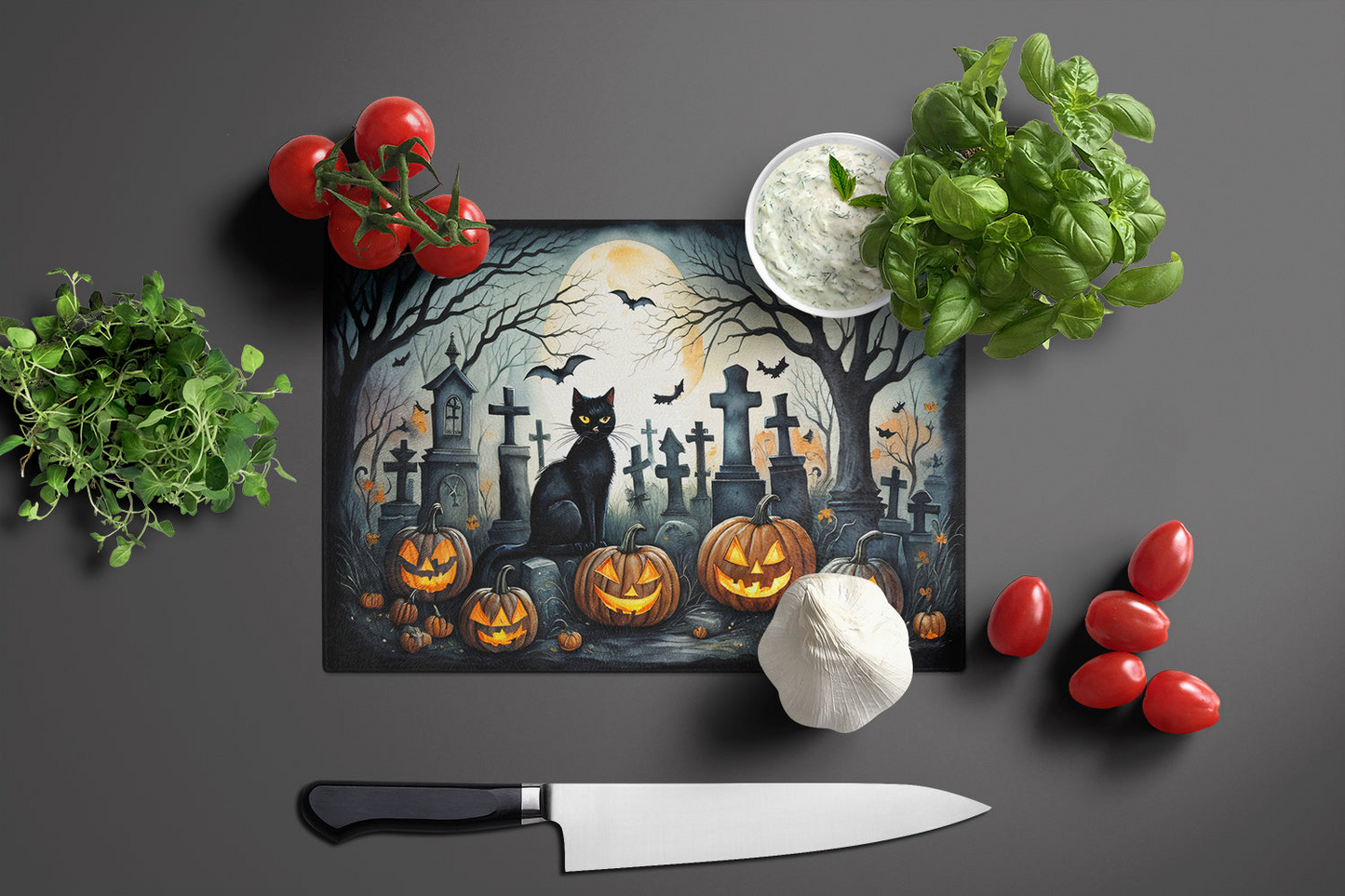 Black Cat Spooky Halloween Glass Cutting Board