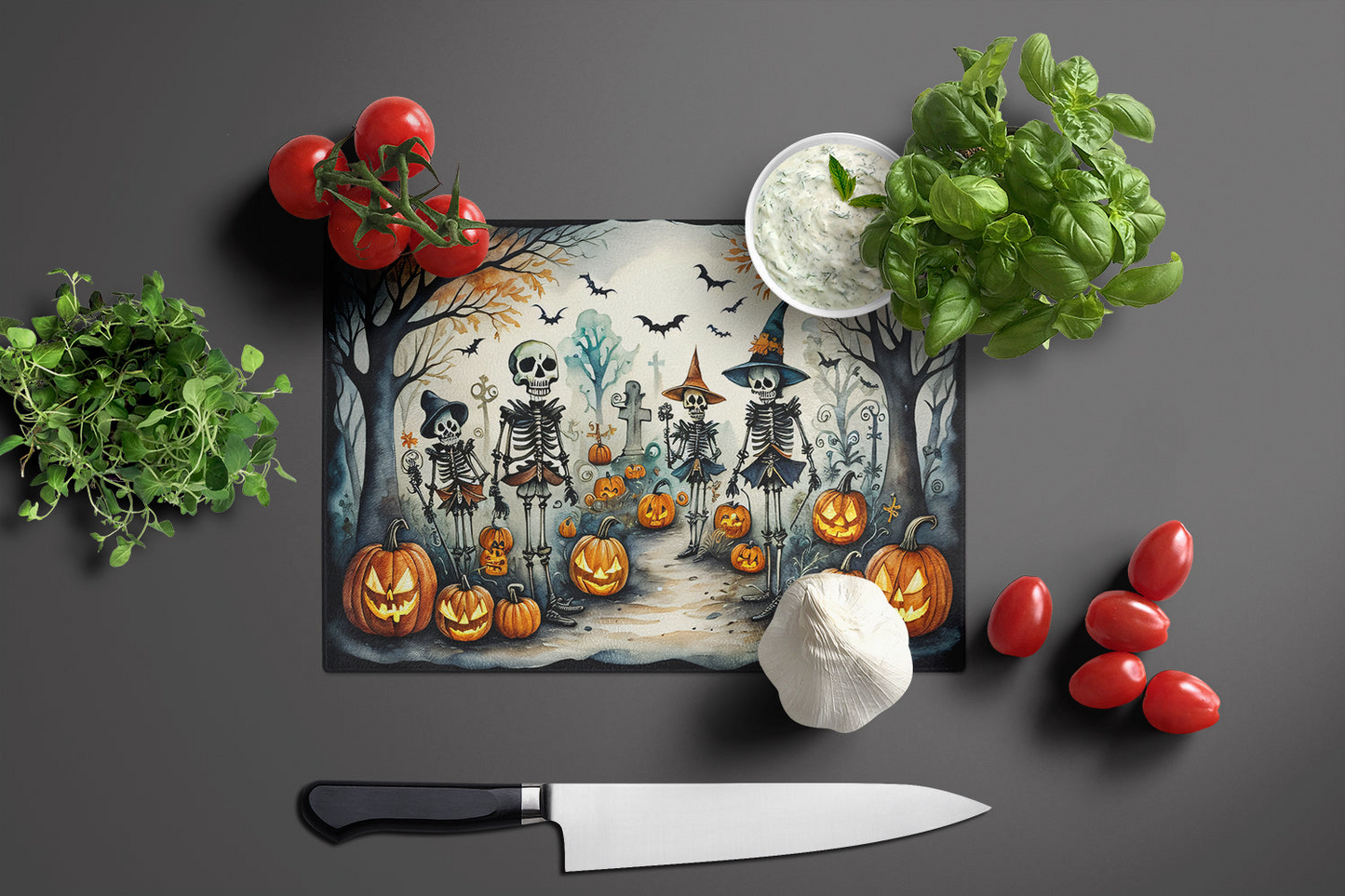 Calacas Skeletons Spooky Halloween Glass Cutting Board